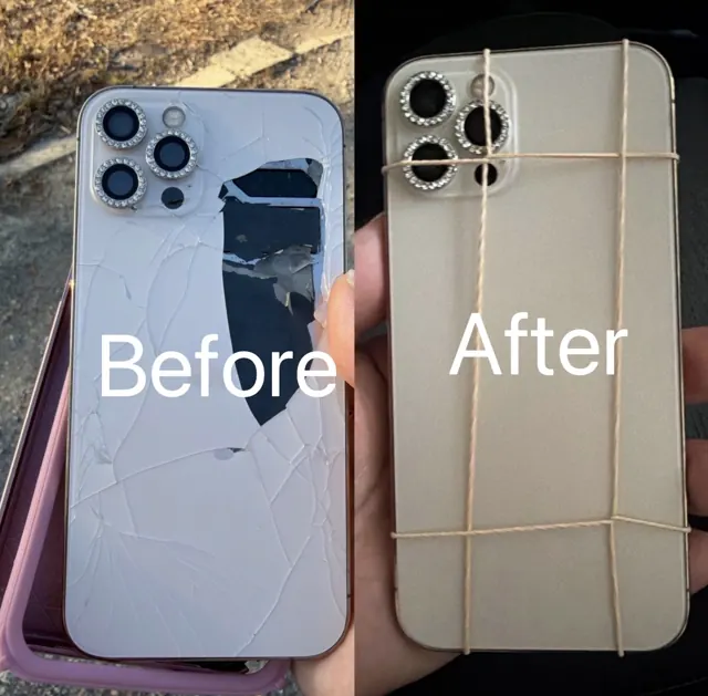 iPhone 12 Pro with shattered back glass, then with new back glass