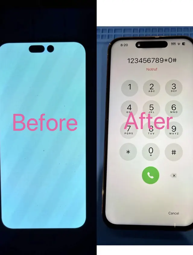 iPhone 14 Pro with a lined, faulty display, then working after a new screen