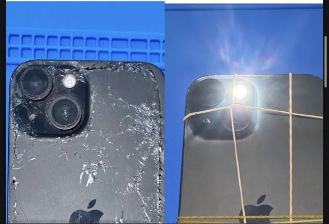 iPhone 15 with cracked back glass, then with new back glass