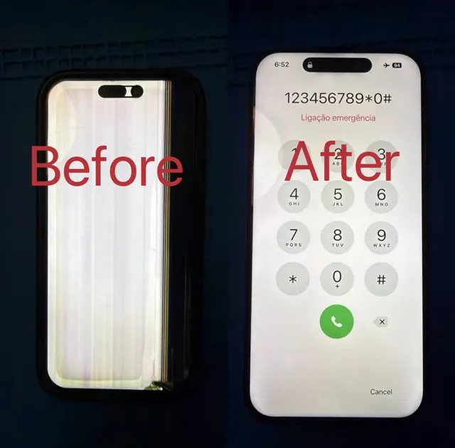 iPhone 15 Pro with a broken display, then working after a new screen